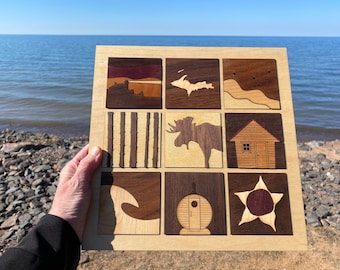 Upper Peninsula Michigan Yooper Theme Customizable Wood Inlay Intarsia Wall Art