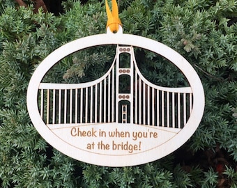 Michigan's Mackinac Bridge MI "Check in when you're at the bridge!" "breathe" Wood Ornament