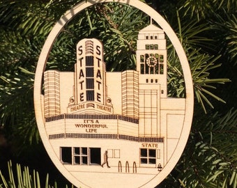 State Theatre & Burton Tower Ann Arbor Michigan "It's a Wonderful Life" Wood Ornament