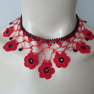 Beaded Crochet Necklace-Turkish Oya Necklace -Crochet Necklace For Summer-Oya Neklace- Red Crochet Jewelry,Red flower motif lace