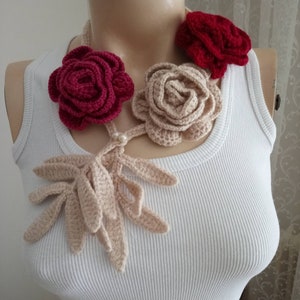 Flower Scarf-Rose Scarf-New Crochet Flower Necklace-Handmade Crochet Flowers Necklace-Rose Jewelry-Women&#39;s Necklace-Crochet Rose Necklace