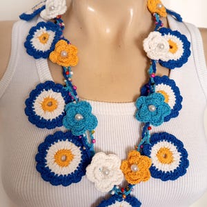 Crochet Flower Necklace Scarf: Beaded Bohemian Jewelry