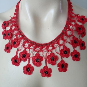 Beaded Crochet Necklace-Turkish Oya Necklace -Crochet Necklace For Summer-Oya Neklace-Red Bead Crochet Jewelry