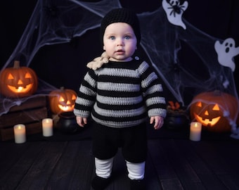 Crochet Halloween Baby Costume - Addams Family Baby Outfit - Sweater, - Teen Inspired Costume -Newborn Halloween Costume