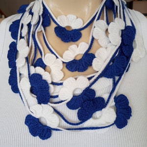 Crochet Necklace White AndRroyal Blue Extra Long Floral Wrap Necklace-Turkish Hand Crochet Necklace-Clorful Flowers,Crochet Jewerly