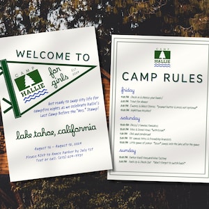 May include: A white invitation with a green and blue camp logo for a girls' weekend getaway at Camp Hallie in Lake Tahoe, California. The invitation includes the dates August 16-18, 2024, and a request to RSVP by July 1st. A separate white sheet lists the camp rules for Friday, Saturday, and Sunday.