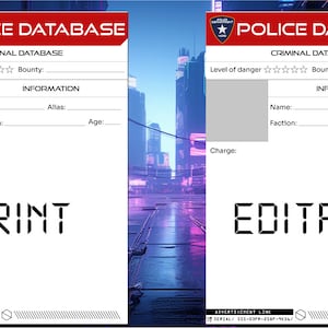 Puede incluir: Un formulario de base de datos policial imprimible y editable con un fondo de ciudad futurista. El formulario incluye campos para información criminal, como nombre, alias, facción, edad, nivel de peligro, recompensa y cargo.