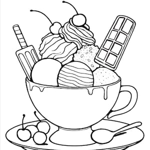 May include: A black and white line drawing of a large ice cream sundae in a teacup with a spoon on a plate. The sundae has three scoops of ice cream, a chocolate bar, a cherry on top, and a popsicle stick.