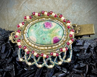 Ruby in Fuchsite and Beadwork Antiqued Brass Hair Clip - Free Shipping!