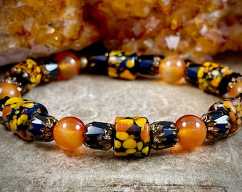 Carnelian and Black and Orange Stretch Bracelet