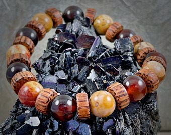 Dark Agate, Picture Jasper and Palm Wood Stretch Bracelet