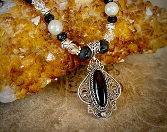 Black Onyx and Sterling Silver Pendant Necklace