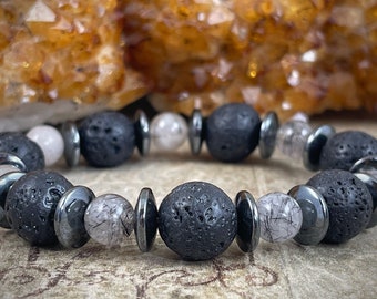 Lava Stone and Tourmalinated Quartz Stretch Bracelet