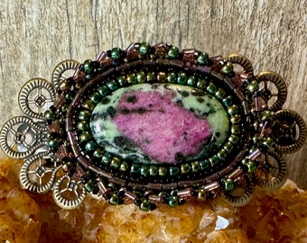 Ruby in Zoisite with Beadwork and Antiqued Brass Filigree Hairclip