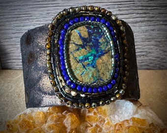 Azurite, Malachite and Leather Adjustable Cuff Bracelet - FREE SHIPPING!