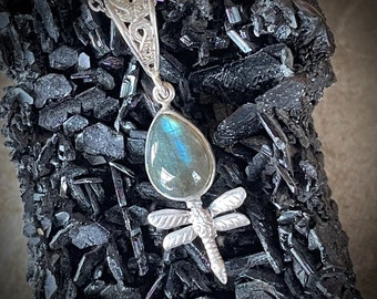 Labradorite and Sterling Silver Dragonfly Pendant