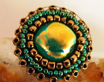 Adjustable Ring With Green and Gold Dichroic Glass and Beadwork