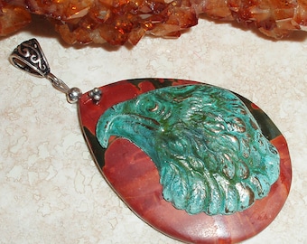 Brass Eagle on Picasso Jasper Pendant With Sterling Bail