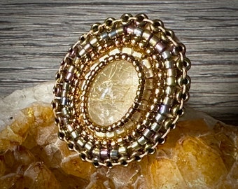 Adjustable Ring With Rutilated Quartz and Beadwork