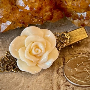 Cream Resin Rose and Antiqued Brass Hairclip image 3