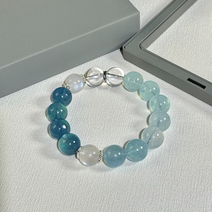 Aquamarine Gemstone Stretch Bracelet- 12mm, 7A Grade High Quality Elastic Bracelet with Moonstone, Clear Quartz, handcrafted jewelry gift