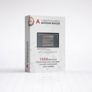 Peut inclure: Une couverture de produit avec un 'A' rouge et le texte 'Cabinetry Elevation AutoCAD Blocks' et '1000+ Blocks Elevations and Sections Instant Download .DWG Format'.