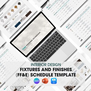 May include: A laptop displaying an interior design FF&E finishes schedule template, surrounded by multiple printed pages of project documentation, including hardware and lighting schedules, with the text FF&E FINISHES SCHEDULE visible.