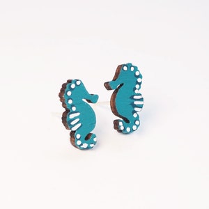 Blue Seahorse Earrings / Studs, Quirky Earrings, Mermaid Jewellery, Gifts For Her, Wooden Earrings,