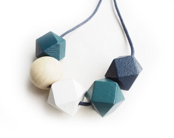 Blue Geometric Necklace, Wooden Beaded Necklace, Sustainable Jewellery