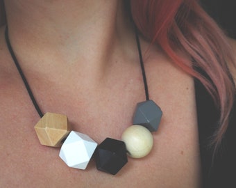 Wooden Geometric Necklace, Grey and White Necklace, Sustainable Gifts for Her