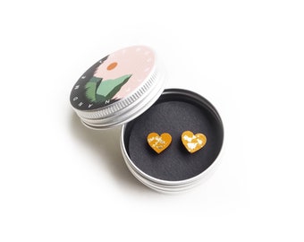 Love Heart Earrings, Gold Heart, Sustainable Valentines Gifts, Wooden Heart, Yellow Hearts