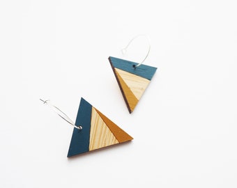 Triangle Hoop Earrings / Blue and Mustard Earrings / Bamboo Jewellery