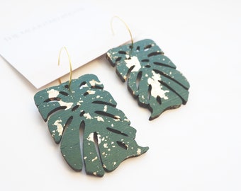 Monstera Leaf Earrings | Botanical Dangly Earrings | Leaf Shaped Statement Earrings | Wooden Gold Hoop Earrings