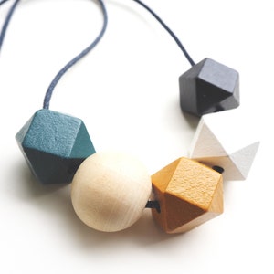 Geometric Wooden Bead Necklace / Mustard and Grey Necklace / Sustainable Gifts for Her