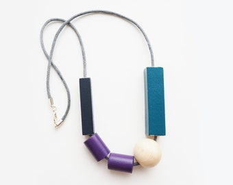 Teal and Purple Wooden Bead Necklace, Sustainable Jewellery, Vegan