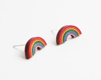 Small Hand Painted Wooden Rainbow Stud Earrings UK, Pride Earrings, Eco Friendly Gifts