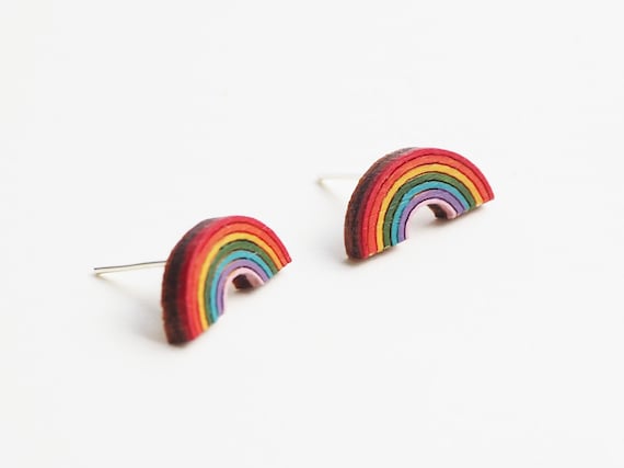 Small Hand Painted Wooden Rainbow Stud Earrings UK Pride Earrings