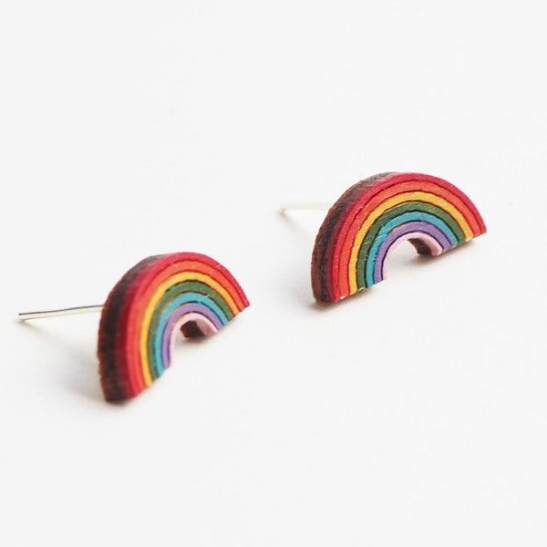 Small Hand Painted Wooden Rainbow Stud Earrings UK, Pride Earrings, Eco Friendly Gifts