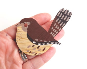 Wooden Bird Brooch, Wren, Bird Jewellery, Bird Gifts, British Birds, Gifts for Bird Watchers
