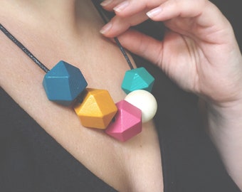 Rainbow Wooden Geometric Necklace, Bright Necklace, Sustainable Gifts for Her