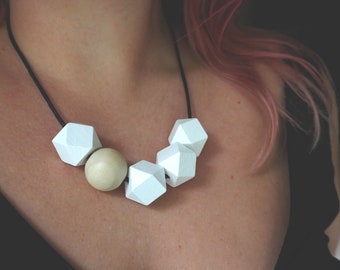 Wooden Geometric Necklace, Grey and White Necklace, Sustainable Gifts for Her