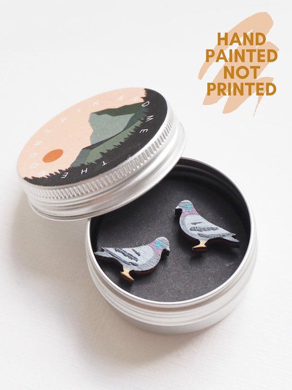 Hand Painted Pigeon Earrings, Bird Studs, Pigeon Gifts