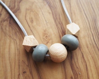 Geometric Wooden Bead Necklace / Natural Grey Necklace / Sustainable Gifts for Her