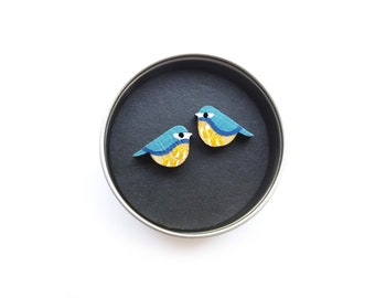 Blue Tit Earrings, Bird Earrings, Wooden Earrings, Wooden Jewellery, Bird Gifts For Her, Garden Birds, UK Birds