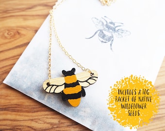 Yellow Gold Bee Necklace, Gold Bee Pendant, Mothers Day Gift UK, Bee Gifts, Sustainable Gifts For Her, Wildflower Seeds