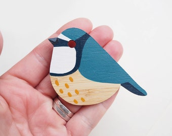 Blue Tit Bird Brooch, Blue Tit, Bird Jewellery, Bird Gifts, British Birds, Gifts for Bird Watchers, Bird Pin, Blue Tits, Wooden Bird Brooch