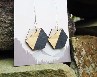 Geometric Dangly Drop Earrings, Wooden Earrings, Grey Hexagon Earrings