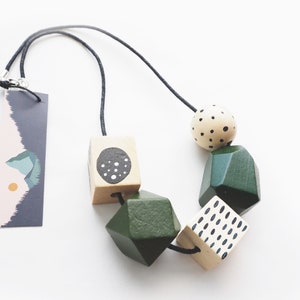 GREEN Chunky Contemporary Wooden Necklace, Statement Geometric Necklace, Sustainable Gift For Her