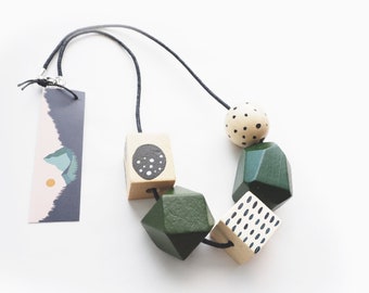 GREEN Chunky Contemporary Wooden Necklace, Statement Geometric Necklace, Sustainable Gift For Her