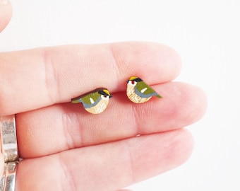 Garden Bird Goldcrest Earrings – Wooden Wildlife Studs Eco Gift UK